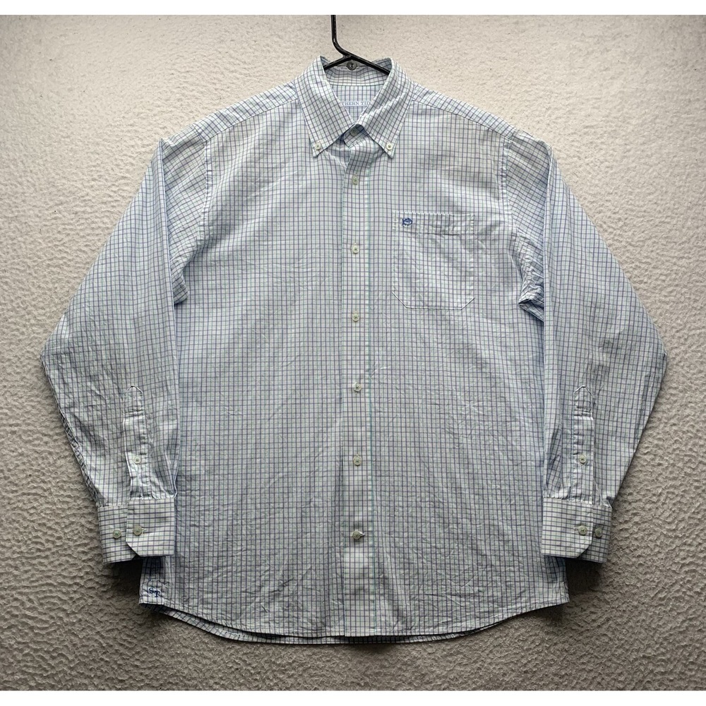 Southern Tide Button Up Shirt Mens Small White Purple Teal Check Stretch Preppy